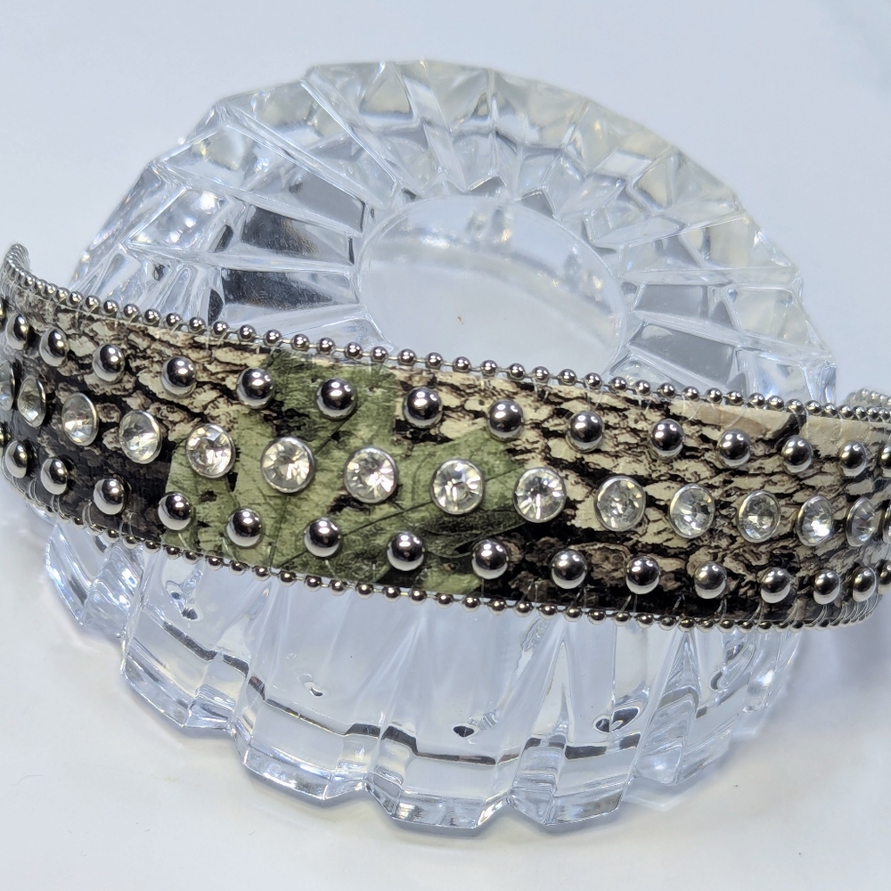 Angel Ranch Snap Bracelet Silver Beaded Rhinestone Crystals Camo Leather Strap - Picture 9 of 12